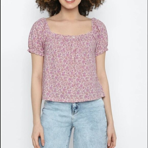Women's American Eagle Aerie's Pink Floral Short Sleeve Flowy Top Shirt Casual - Picture 1 of 4